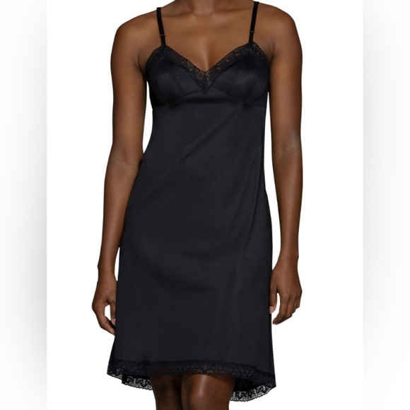 Vanity Fair Rosette Lace Trim Nylon Full SlipDress Black Medium 34 Adj Strap EUC - Picture 1 of 10